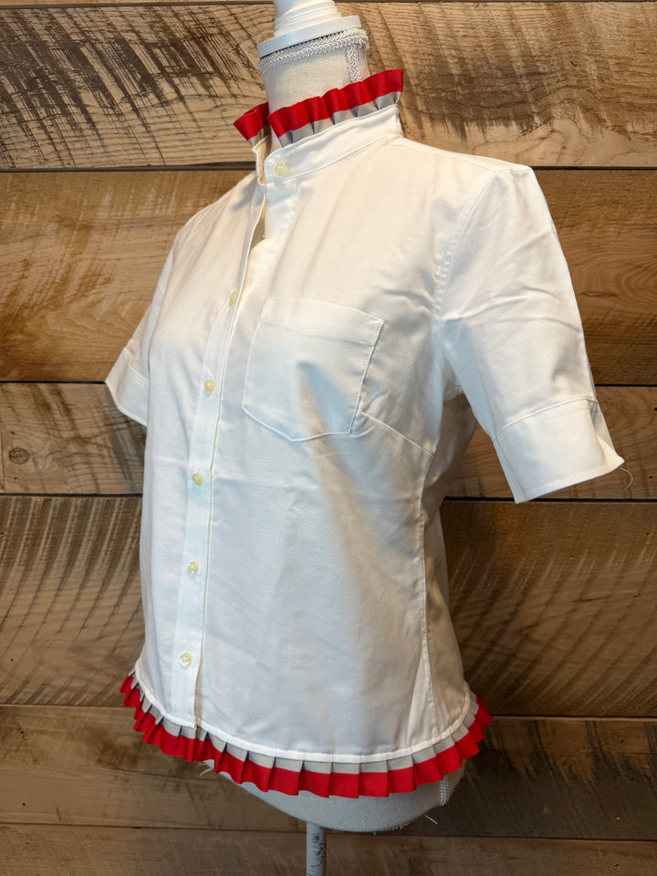 GAME DAY Ellie SS Ruffle Oxford - White w Red & Grey Stripe Ribbon (GDE12)