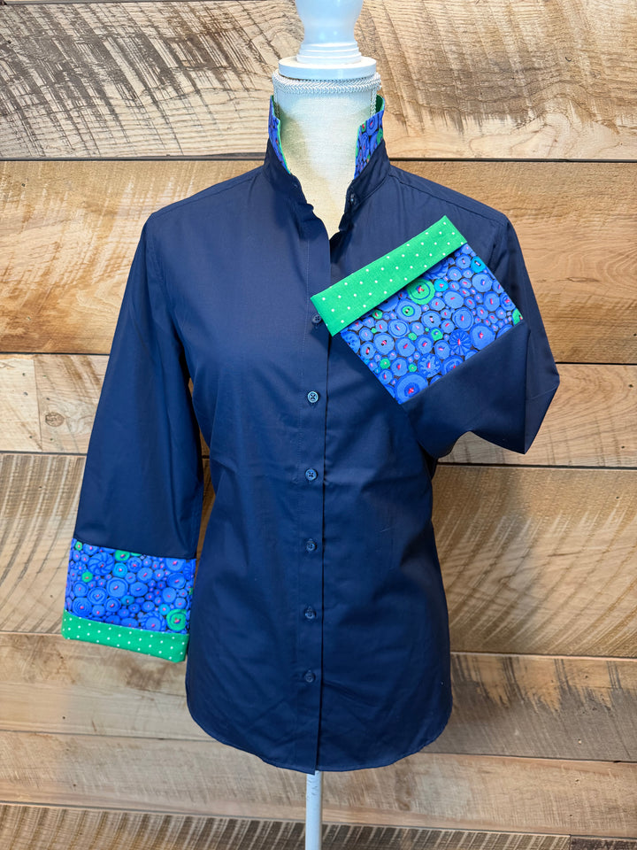 Beth Bell Sleeve - Navy w Green Dots & Blue Button Dots (LB56)