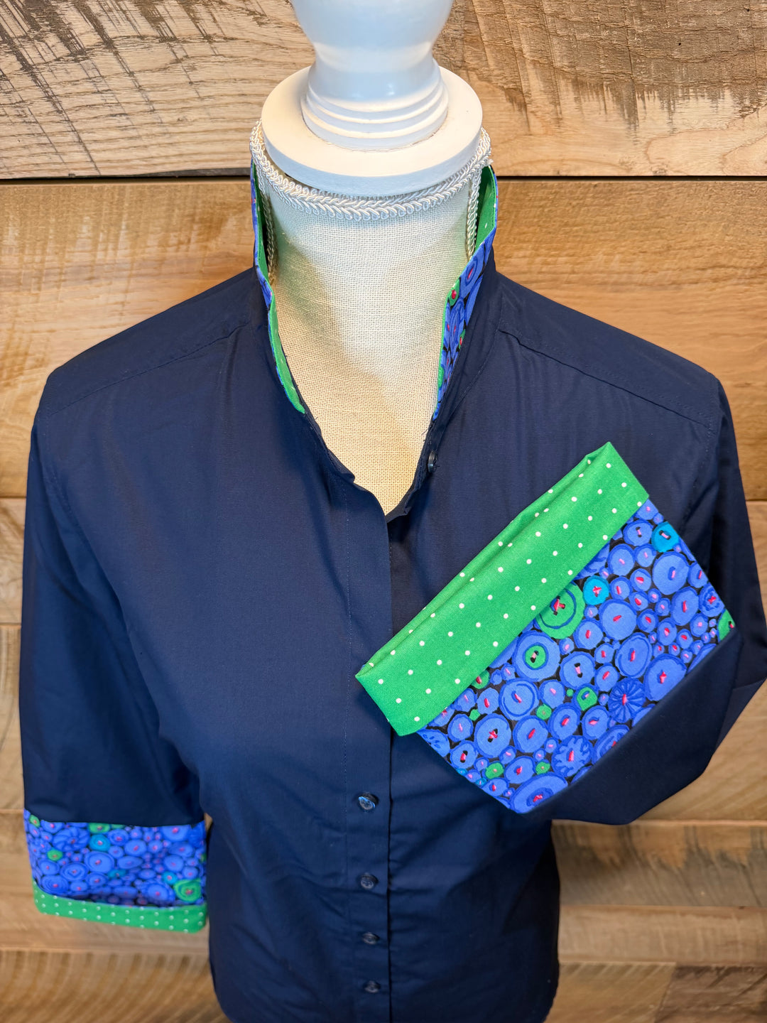 Beth Bell Sleeve - Navy w Green Dots & Blue Button Dots (LB56)