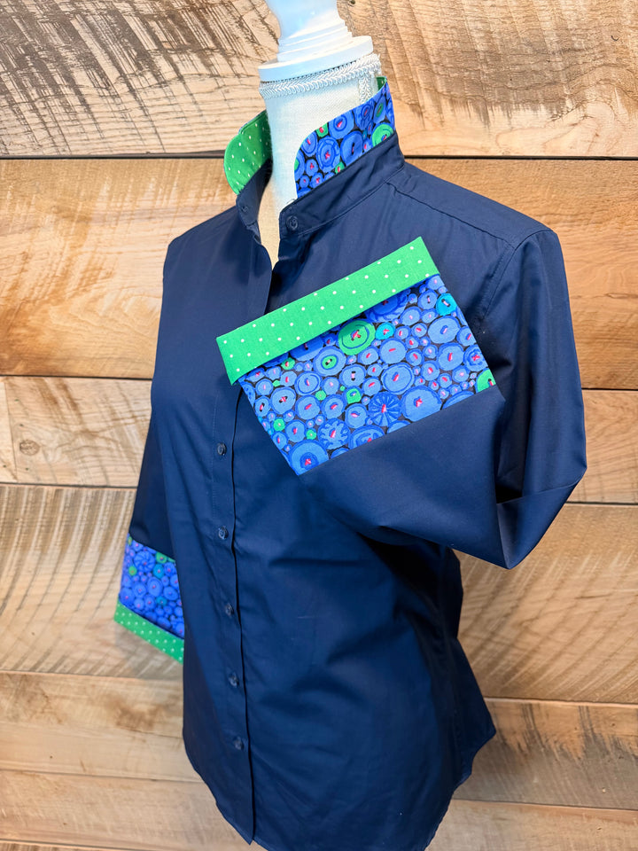 Beth Bell Sleeve - Navy w Green Dots & Blue Button Dots (LB56)