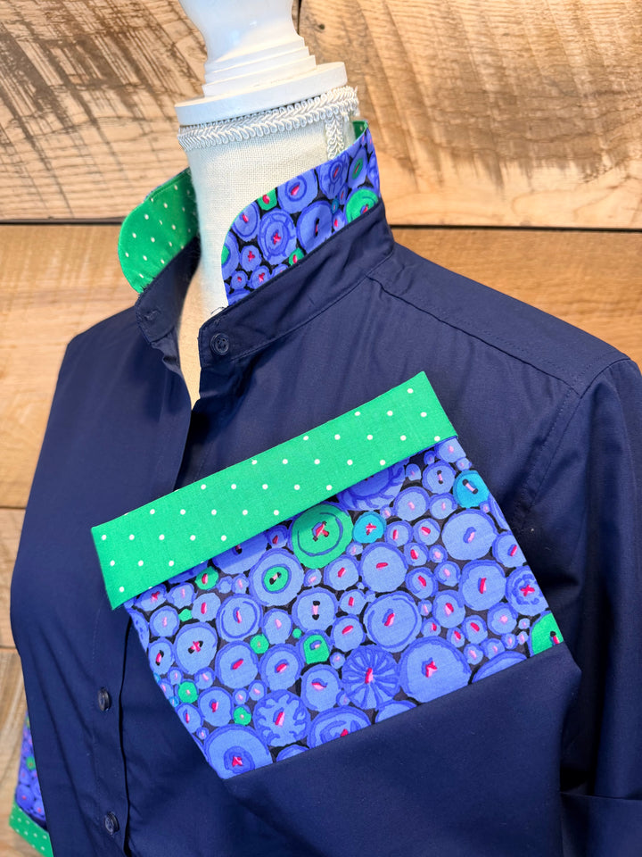 Beth Bell Sleeve - Navy w Green Dots & Blue Button Dots (LB56)