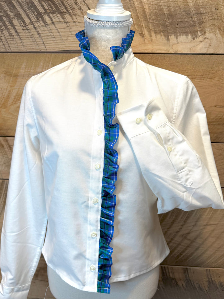 Sophia Ribbon Untucked Oxford - White w Blue & Green Plaid Ribbon (SPH04)