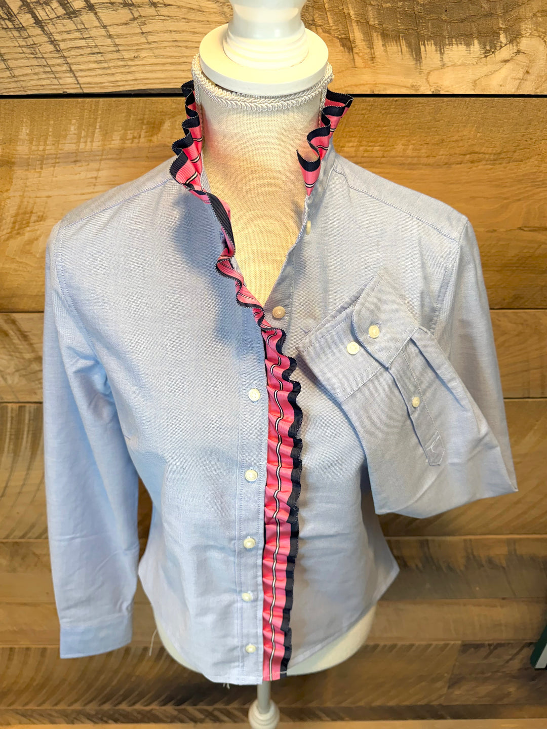 Sophia Ribbon Untucked Oxford - Blue w Navy & Pink Stripe Ribbon (SPH05)