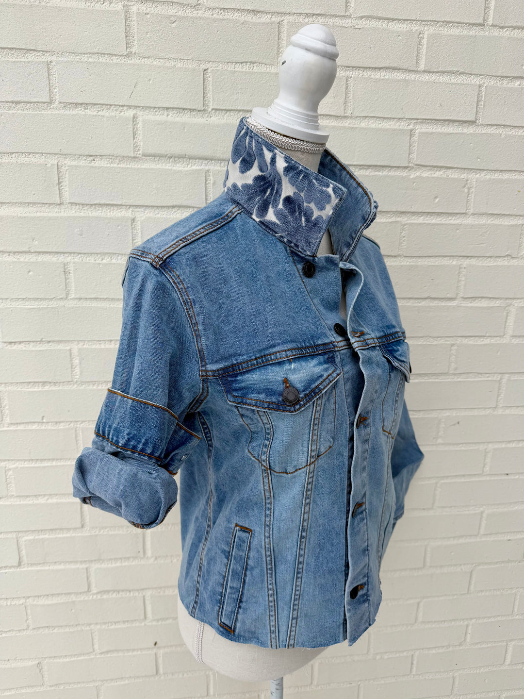 Stevie Denim Jacket - Denim w Blue Velvet Fern Fronds (ST16)