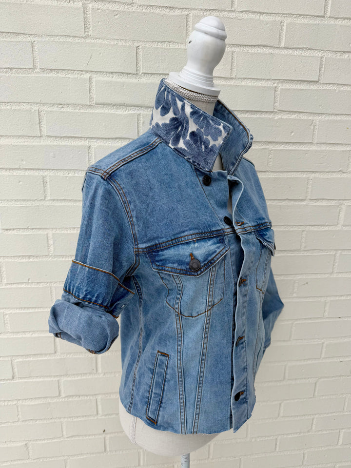 Stevie Denim Jacket - Denim w Blue Velvet Fern Fronds (ST16)