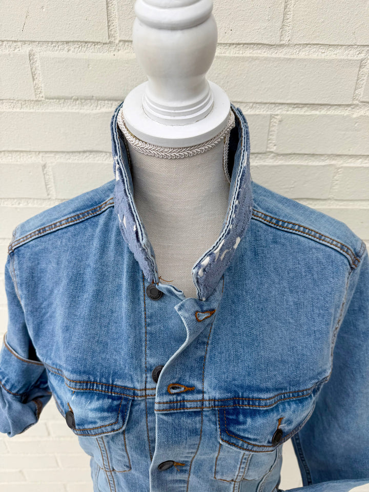 Stevie Denim Jacket - Denim w Blue Velvet Fern Fronds (ST16)
