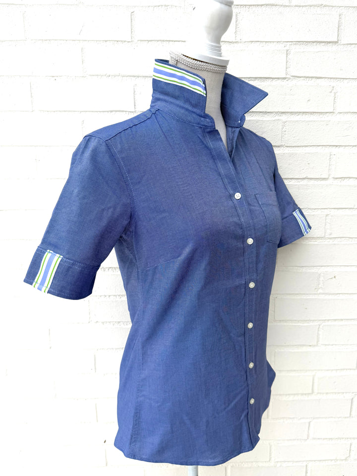 Jolene SS Oxford - Navy w Green & Purple Stripe Ribbon (Jolene6)