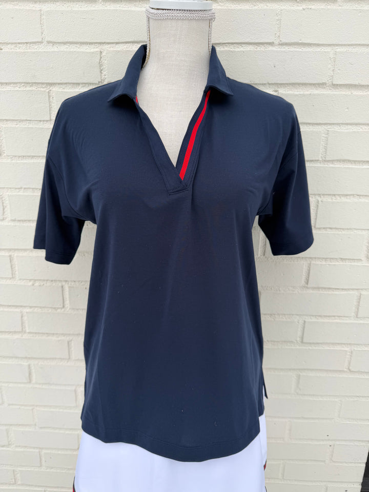 Rose Polo - Navy w Navy & Red Stripe Ribbon (Rose4)