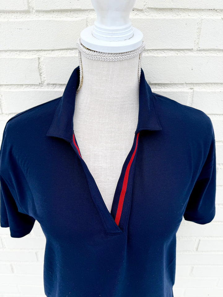 Rose Polo - Navy w Navy & Red Stripe Ribbon (Rose4)