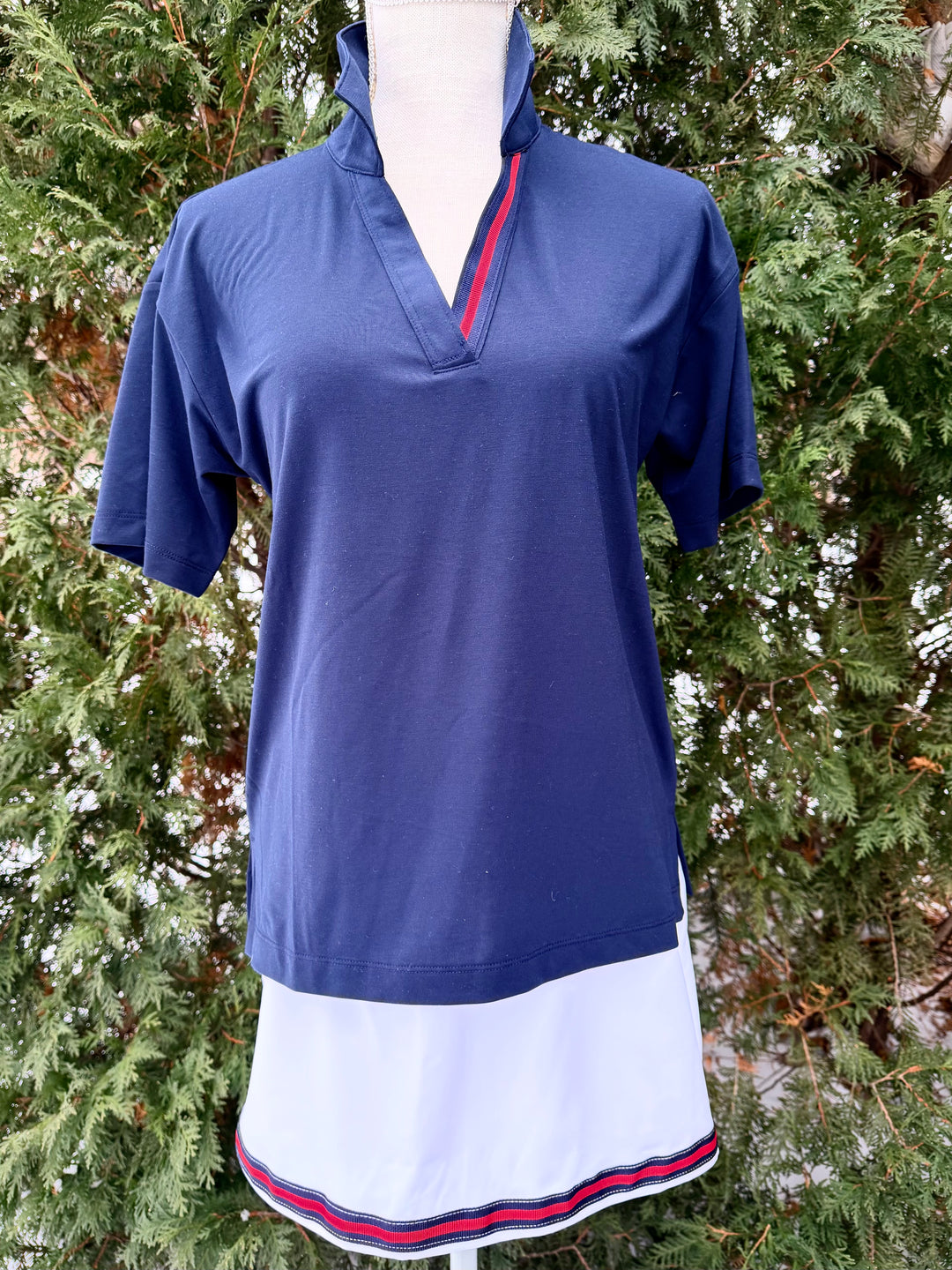 Rose Polo - Navy w Navy & Red Stripe Ribbon (Rose4)