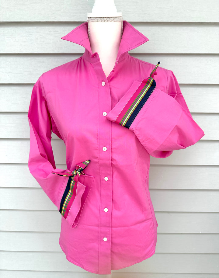 SALE - Ann Pink w Navy Ylw Grn Pink Ribbon Tie Shirt (Ann17) *FINAL SALE*