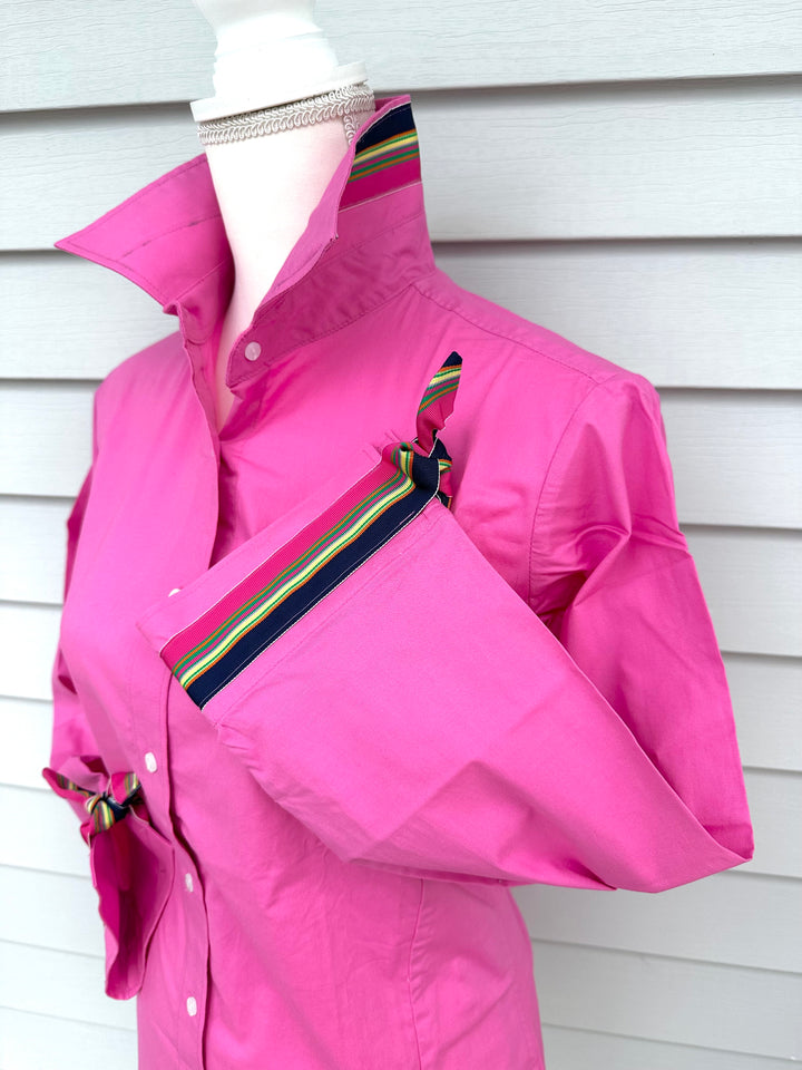 SALE - Ann Pink w Navy Ylw Grn Pink Ribbon Tie Shirt (Ann17) *FINAL SALE*