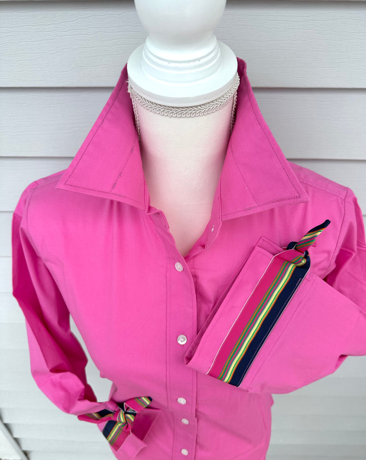 SALE - Ann Pink w Navy Ylw Grn Pink Ribbon Tie Shirt (Ann17) *FINAL SALE*