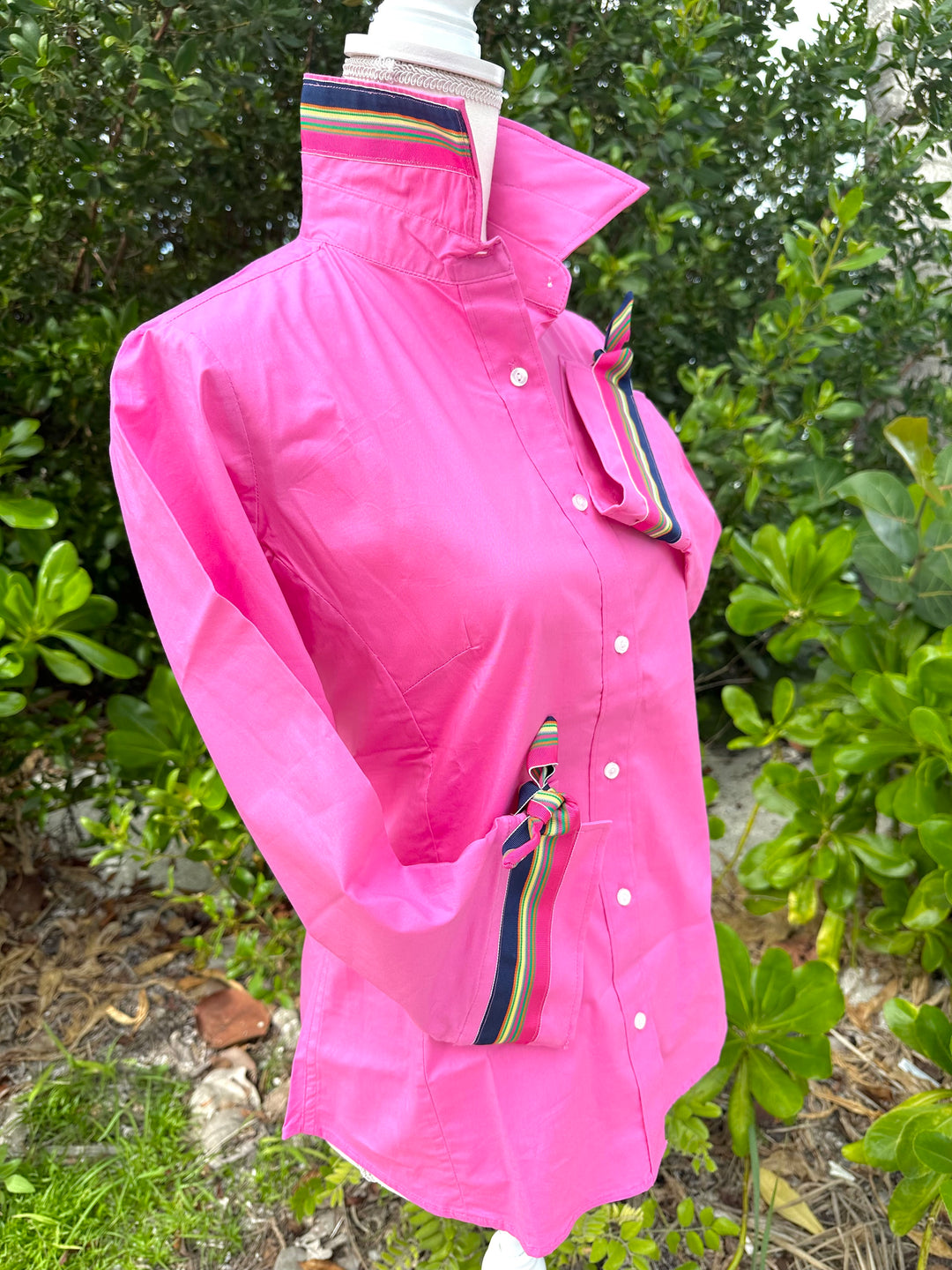 SALE - Ann Pink w Navy Ylw Grn Pink Ribbon Tie Shirt (Ann17) *FINAL SALE*