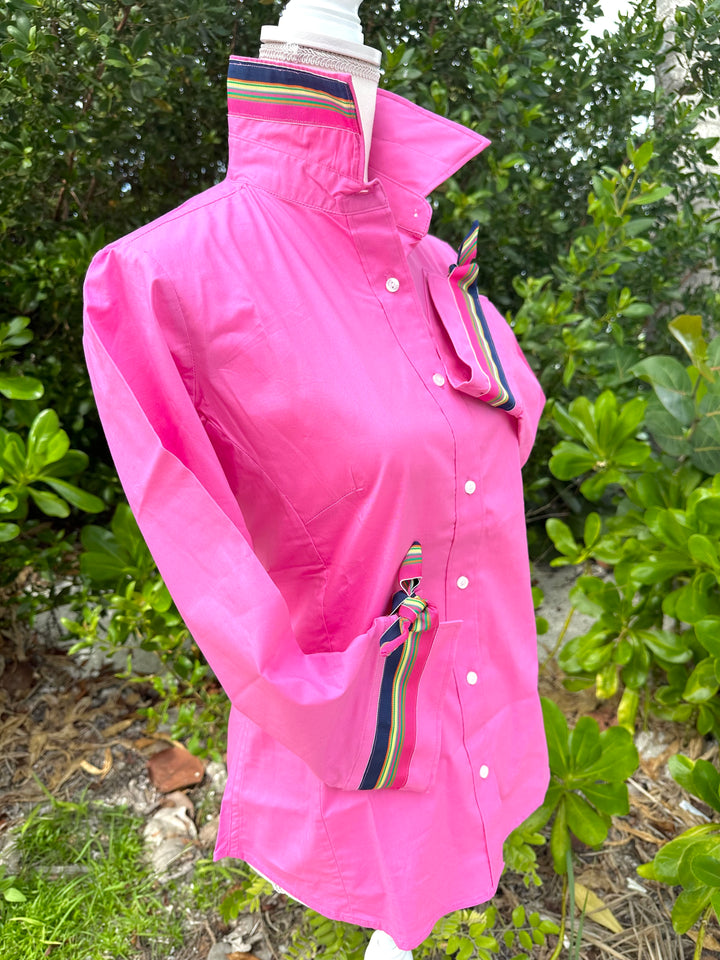 SALE - Ann Pink w Navy Ylw Grn Pink Ribbon Tie Shirt (Ann17) *FINAL SALE*