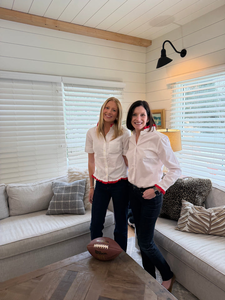 Game Day Dionne Ruffled Ribbon Shirt - White w Red & White Stripe Ribbon (GDD05)