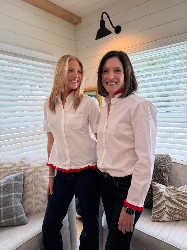 GAME DAY Ellie SS Ruffle Oxford - White w Red & White Stripe Ribbon (GDE05)