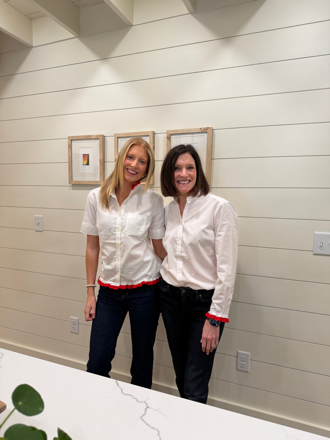 Game Day Dionne Ruffled Ribbon Shirt - White w Red & White Stripe Ribbon (GDD05)