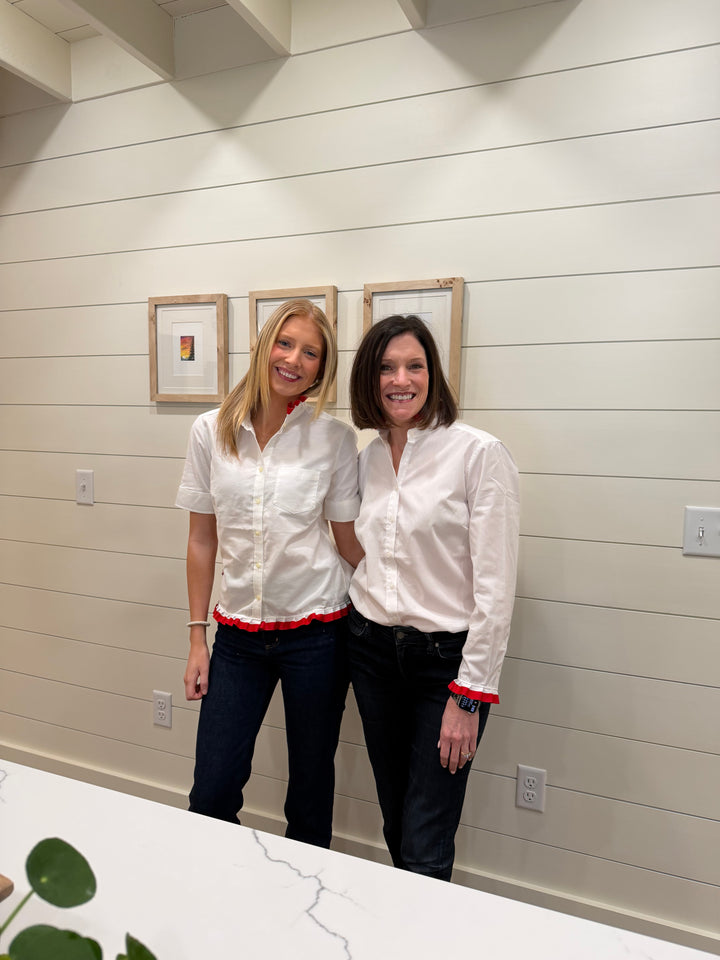 Game Day Dionne Ruffled Ribbon Shirt - White w Red & White Stripe Ribbon (GDD05)