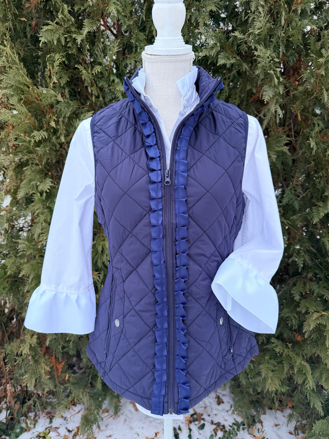 Maggie May Quilted Ruffle Vest - Navy w Navy Ribbon (MMQ07)