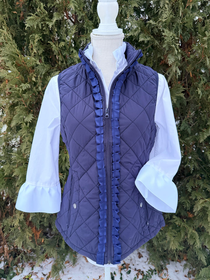 Maggie May Quilted Ruffle Vest - Navy w Navy Ribbon (MMQ07)