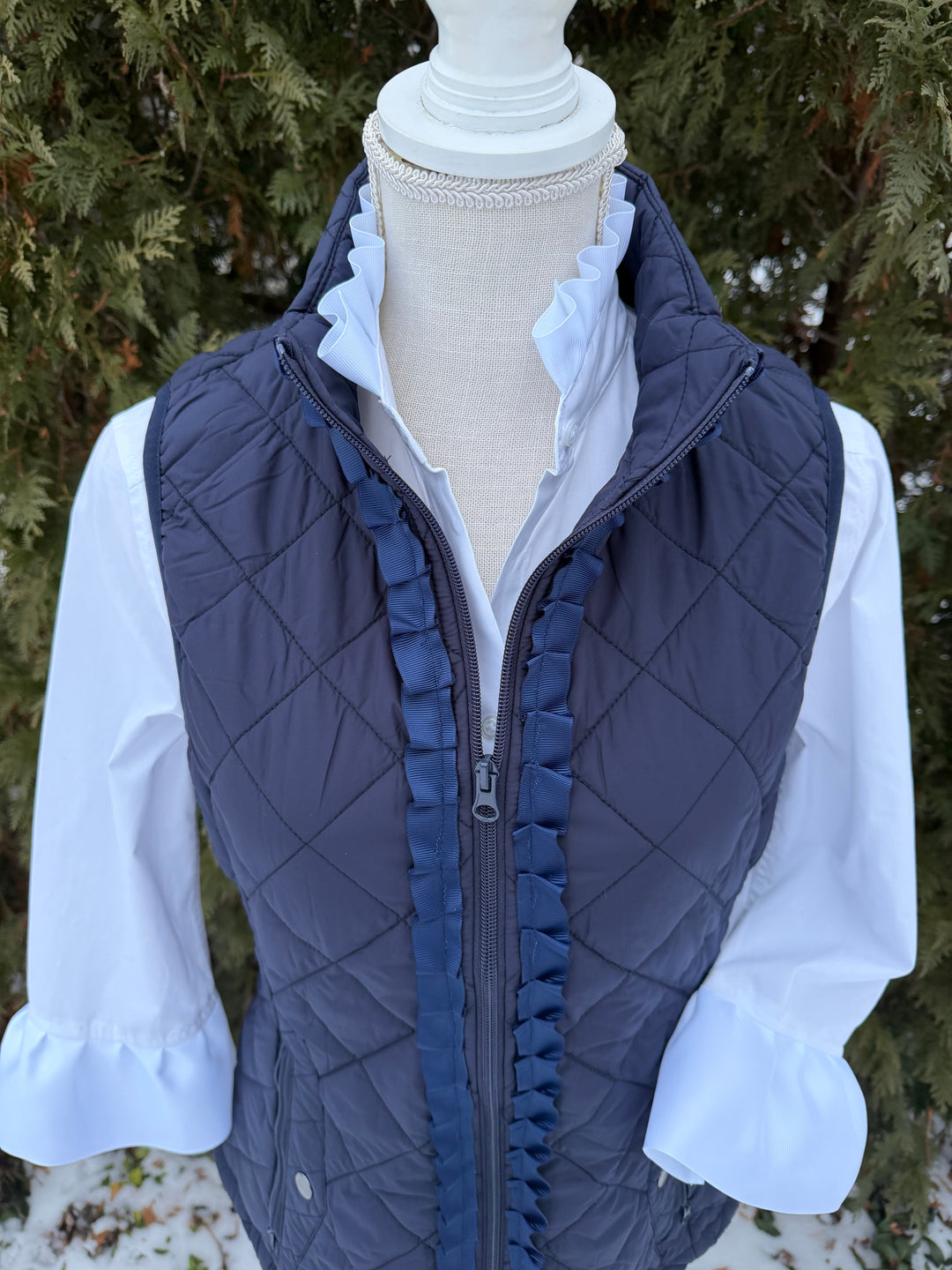 Maggie May Quilted Ruffle Vest - Navy w Navy Ribbon (MMQ07)