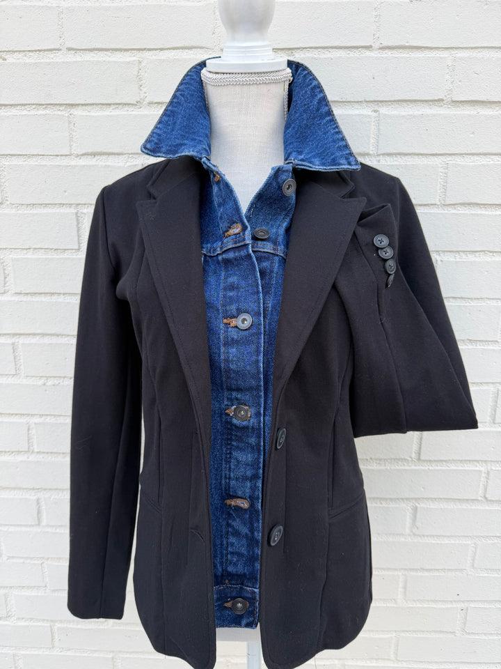Lucy Knit Denim Blazer - Black w Blue Denim (Lucy05)