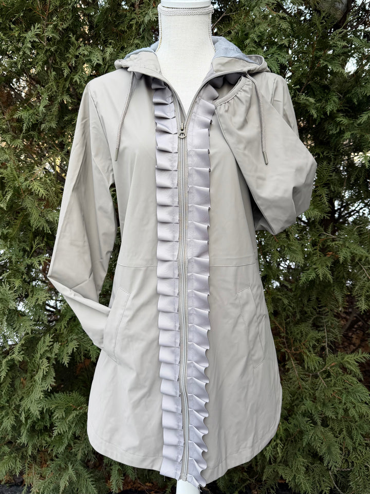 Kelly Hooded Rain Coat - Khaki w Silver Ruffle Ribbon (GK02)