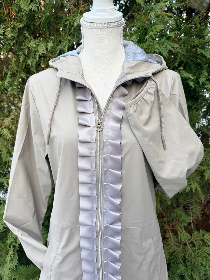 Kelly Hooded Rain Coat - Khaki w Silver Ruffle Ribbon (GK02)