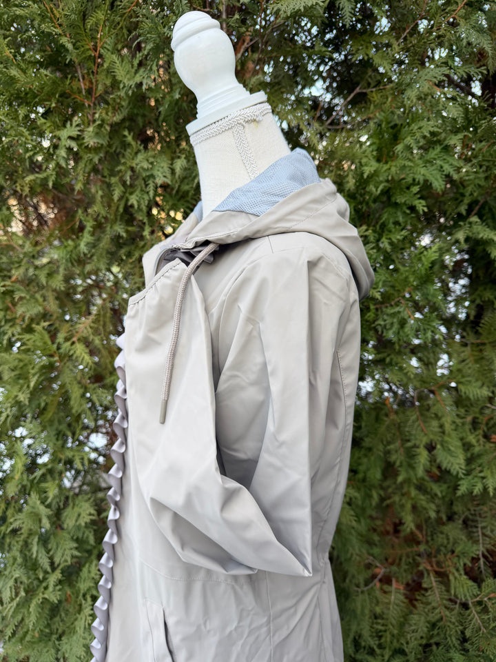 Kelly Hooded Rain Coat - Khaki w Silver Ruffle Ribbon (GK02)