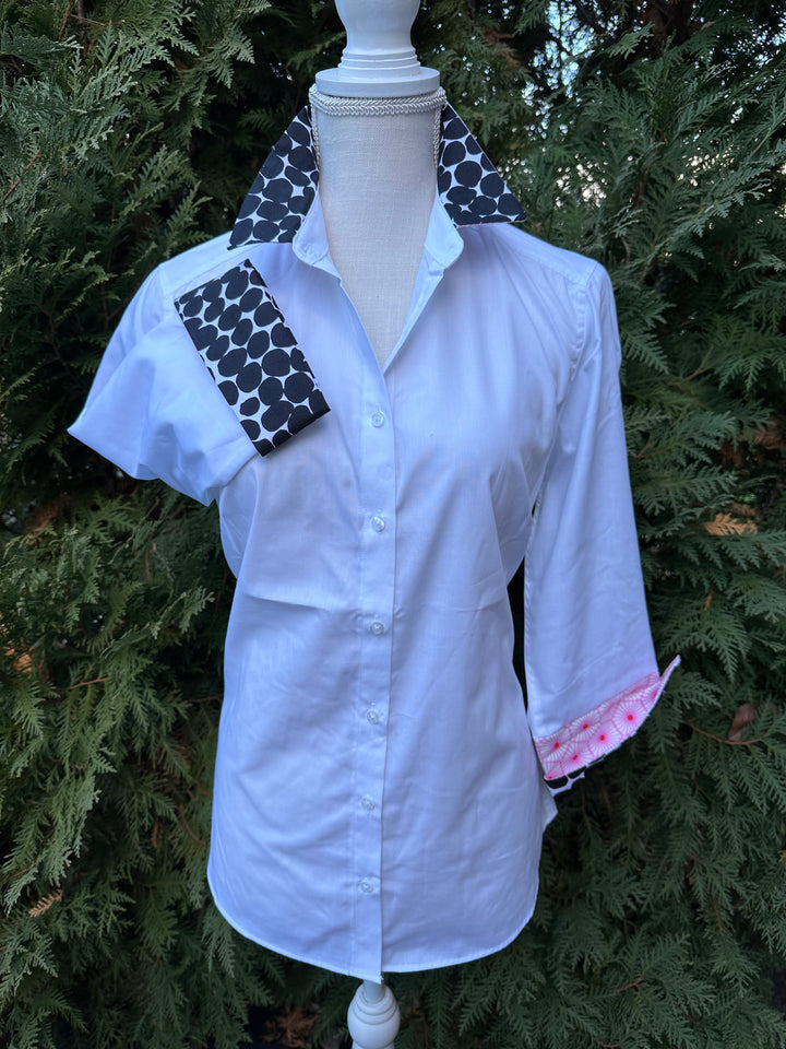 SALE - Elizabeth 3/4 Sleeve Shirt w Black Dots & Pink Geo (3409) *FINAL SALE*