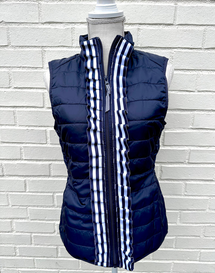 Maggie May Ruffled Ribbon Puffer Vest Navy w Navy & White Stripe (PF39)