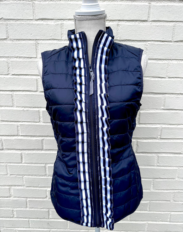Maggie May Ruffled Ribbon Puffer Vest Navy w Navy & White Stripe (PF39)