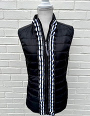 Maggie May Ruffled Ribbon Puffer Vest Black w Black White Stripe (PF40)