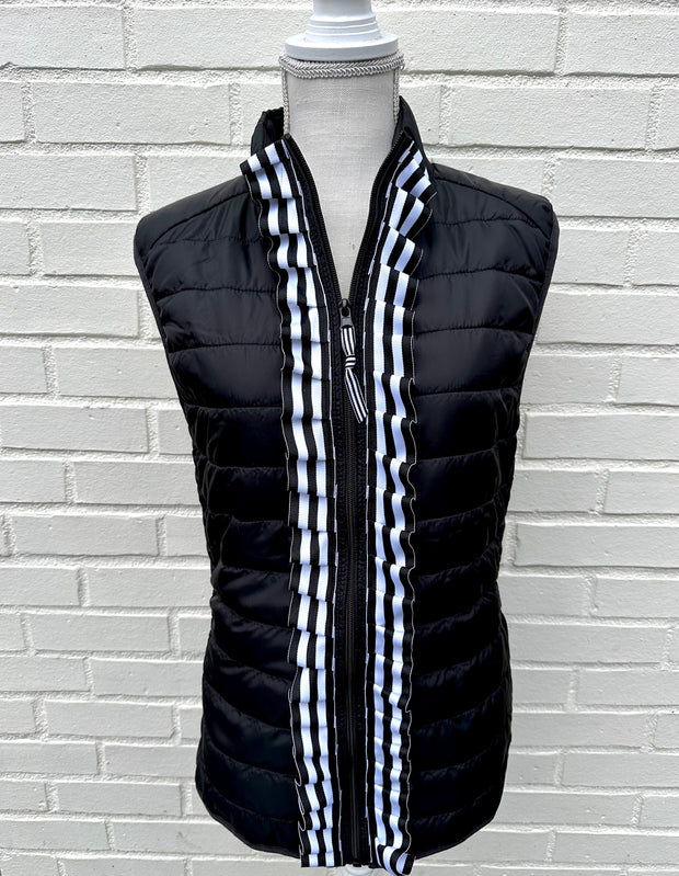Maggie May Ruffled Ribbon Puffer Vest Black w Black White Stripe (PF40)