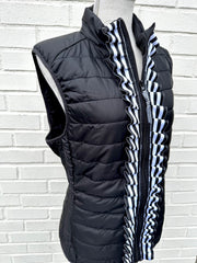 Maggie May Ruffled Ribbon Puffer Vest Black w Black White Stripe (PF40)