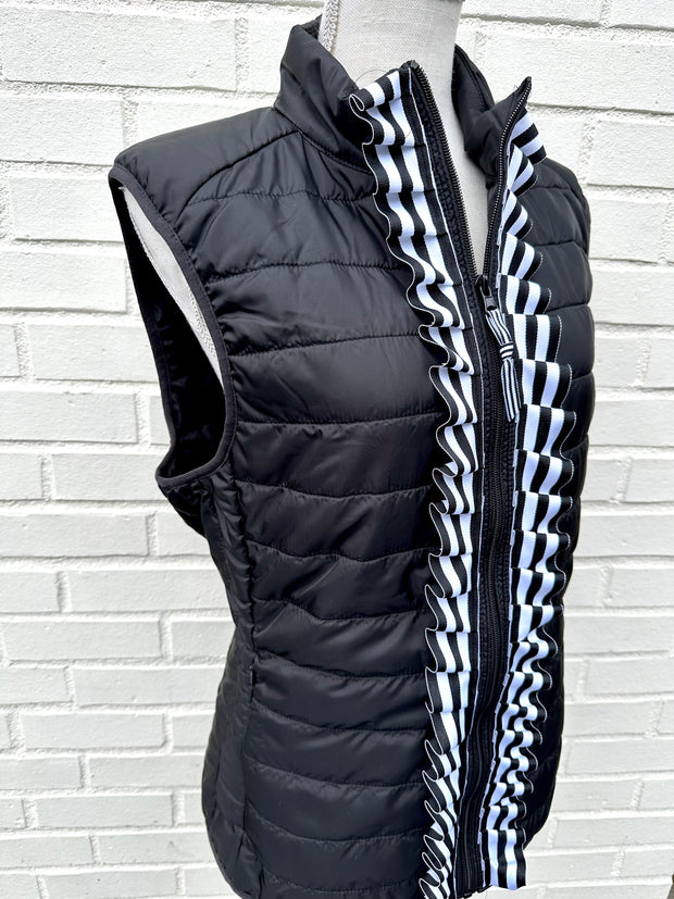 Maggie May Ruffled Ribbon Puffer Vest Black w Black White Stripe (PF40)