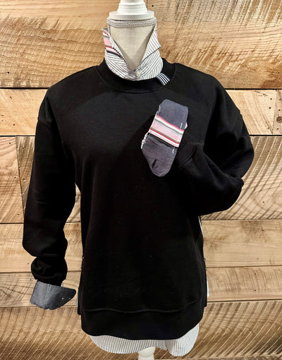 Danny Crew Neck Sweatshirt - Black w Black & White Stripe Ribbon (Danny01)