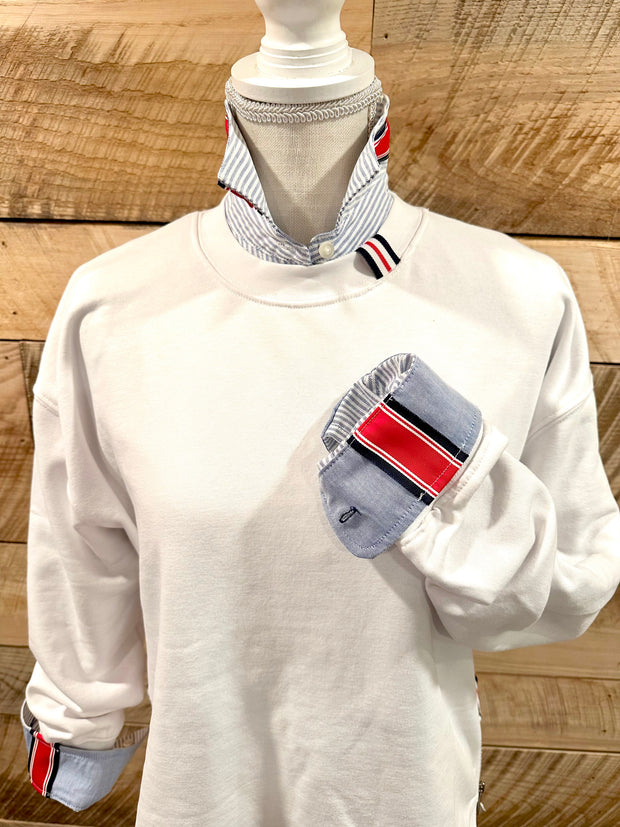 Danny Crew Neck Sweatshirt - White w Red, White & Navy Stripe Ribbon (Danny02)