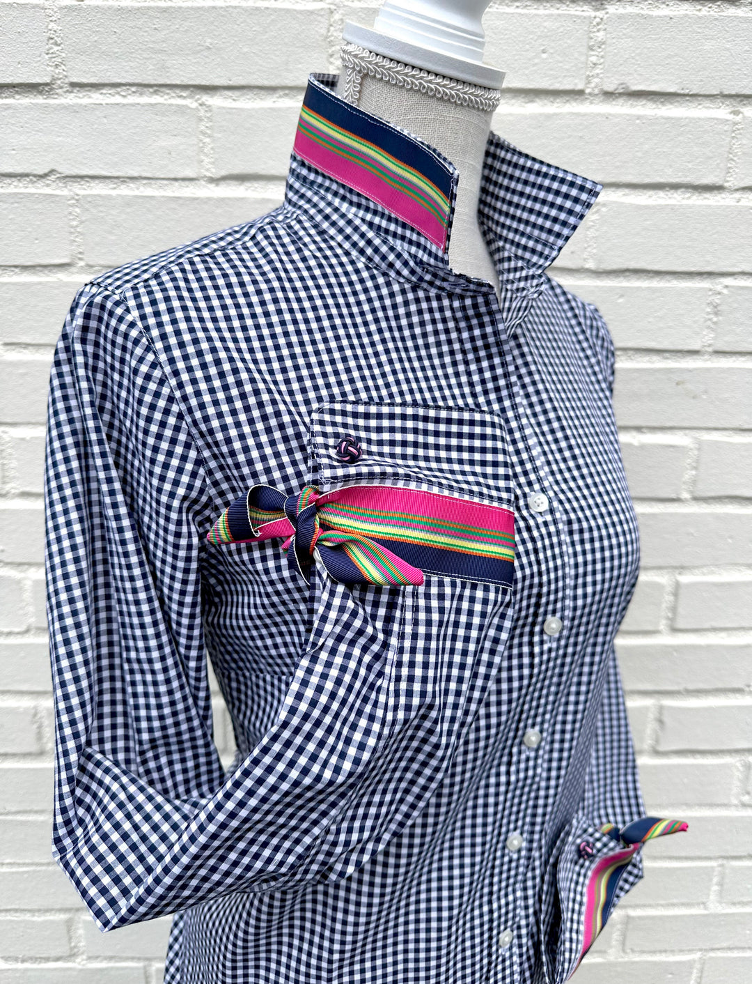 Audrey Navy Gingham Ribbon French Cuff Shirt (RFC34)