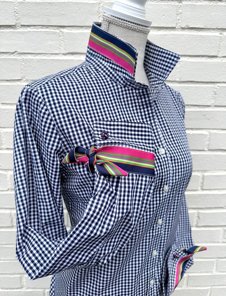 Audrey Navy Gingham Ribbon French Cuff Shirt (RFC34)