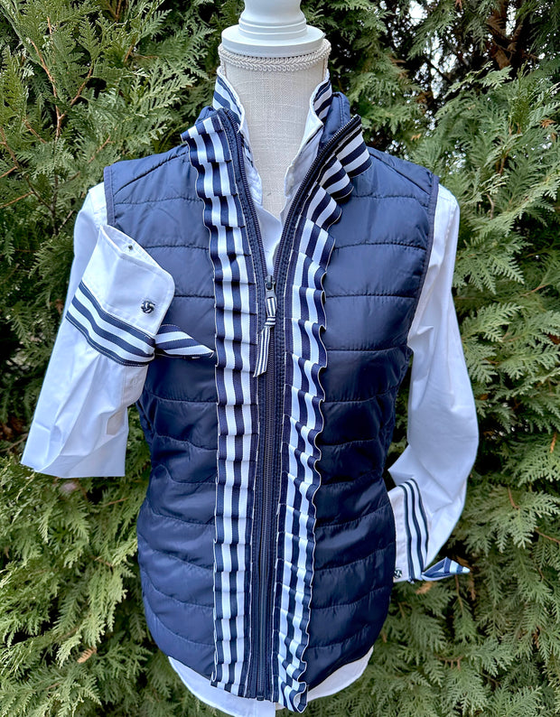 Maggie May Ruffled Ribbon Puffer Vest Navy w Navy & White Stripe (PF39)