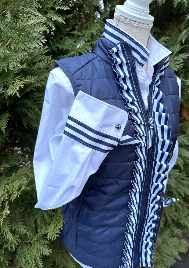 Maggie May Ruffled Ribbon Puffer Vest Navy w Navy & White Stripe (PF39)