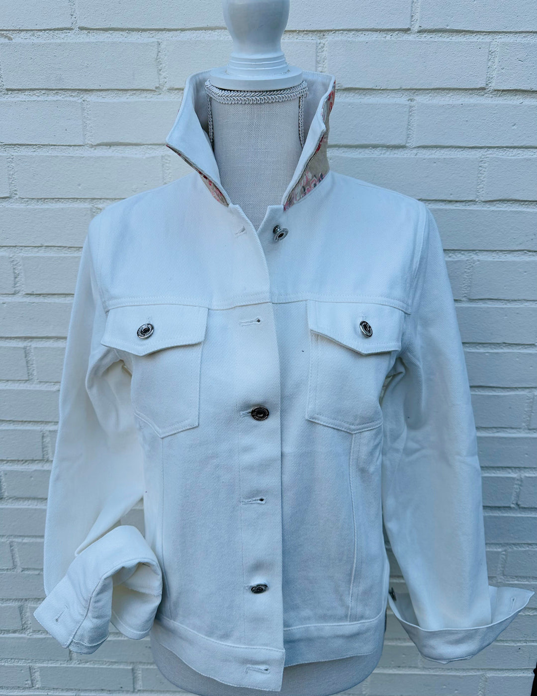 SALE - S ONLY - Dorothy White Denim Jacket w Khaki Cherry Blossoms (DWJ16) *FINAL SALE*