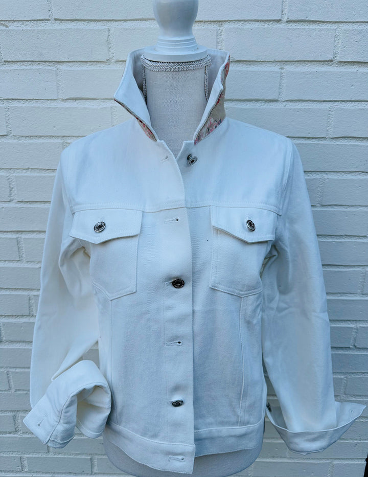SALE - S ONLY - Dorothy White Denim Jacket w Khaki Cherry Blossoms (DWJ16) *FINAL SALE*