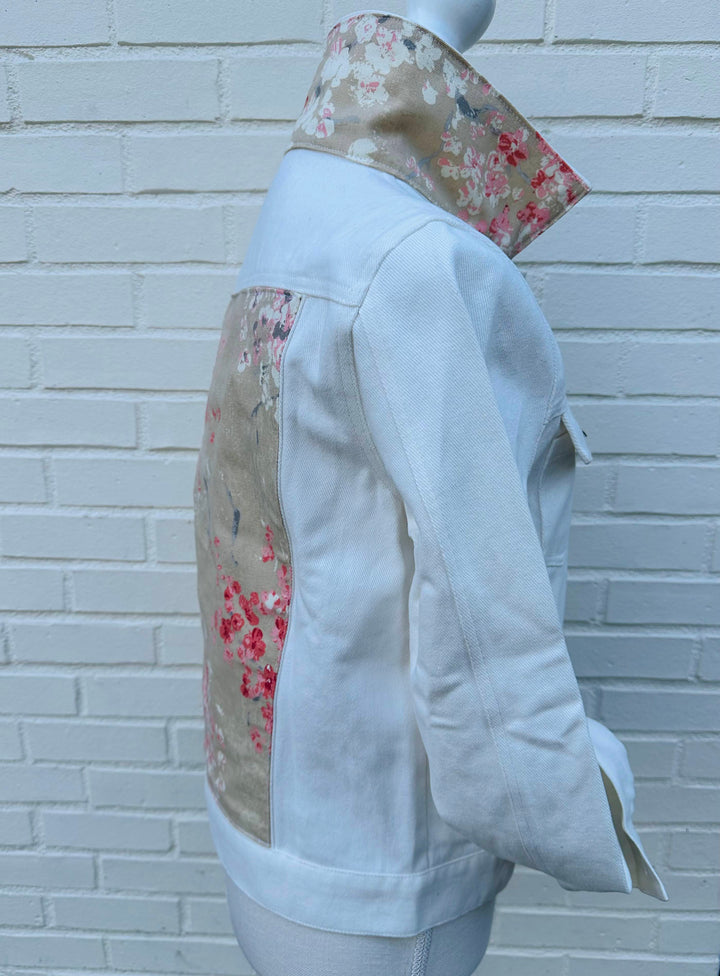 SALE - S ONLY - Dorothy White Denim Jacket w Khaki Cherry Blossoms (DWJ16) *FINAL SALE*