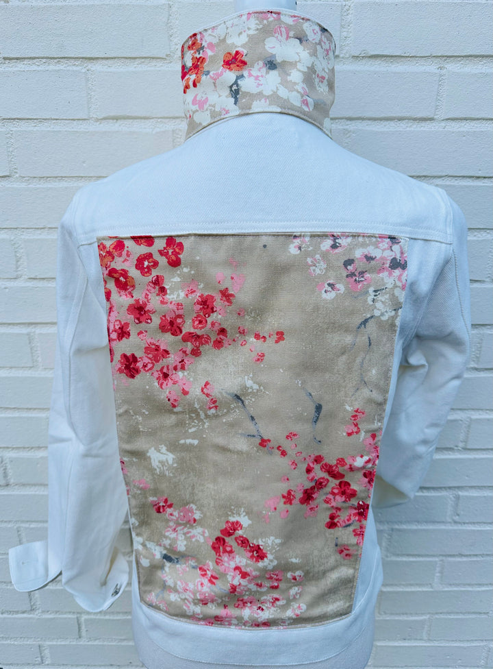 SALE - S ONLY - Dorothy White Denim Jacket w Khaki Cherry Blossoms (DWJ16) *FINAL SALE*