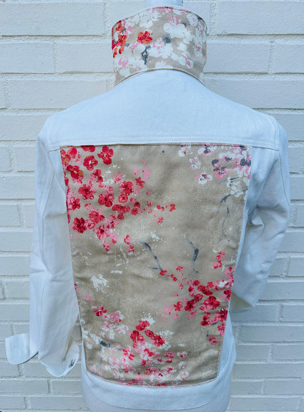 Dorothy White Denim Jacket w Khaki Cherry Blossoms (DWJ16)