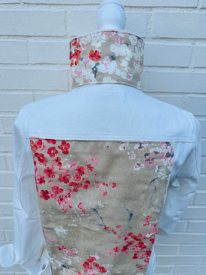 SALE - S ONLY - Dorothy White Denim Jacket w Khaki Cherry Blossoms (DWJ16) *FINAL SALE*