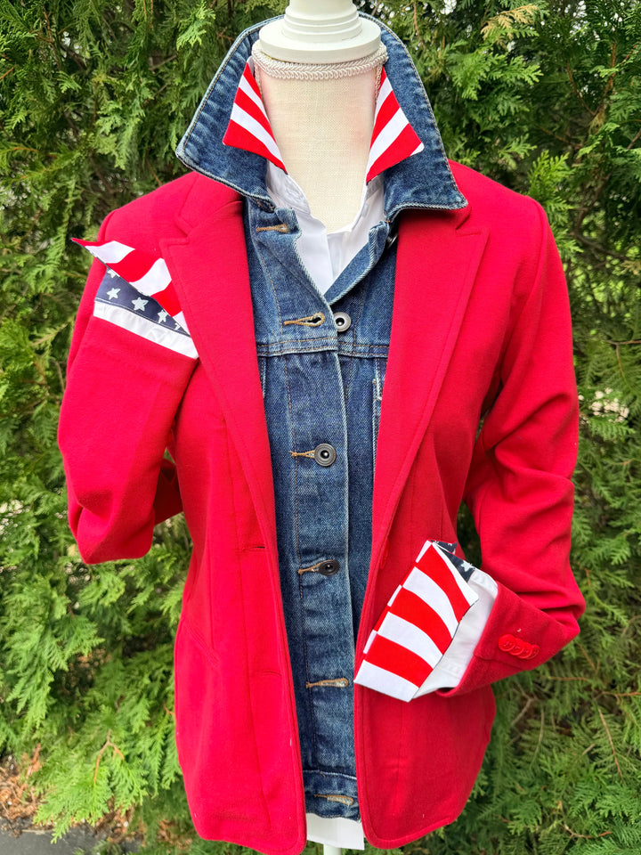Lucy Knit Denim Blazer - Red w Blue Denim (Lucy02)
